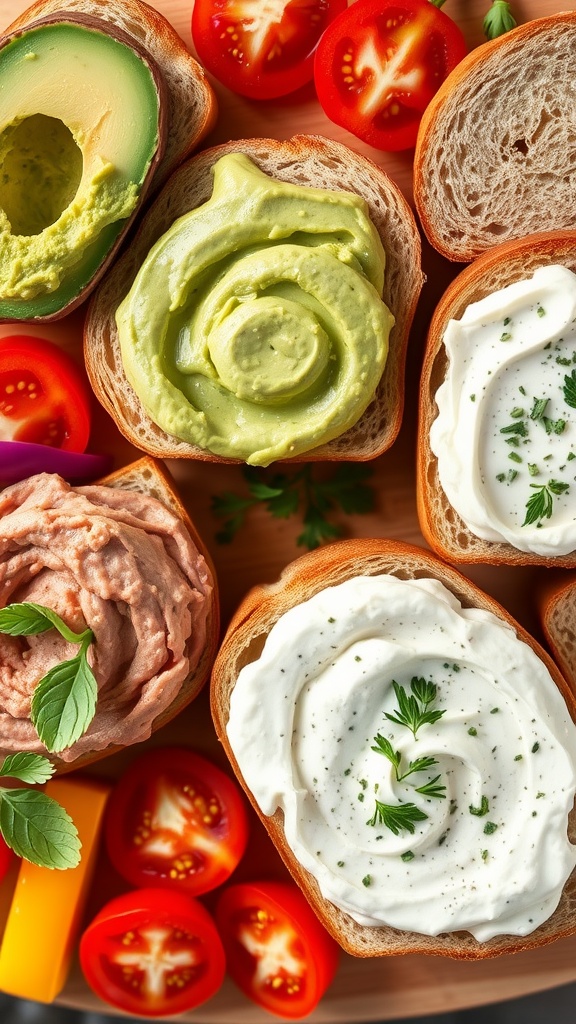 Creamy and Flavorful Sandwich Spread Recipes Variety of sandwich spreads including avocado, chickpea hummus, and herbed cream cheese on a wooden board with fresh vegetables.